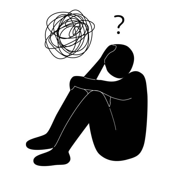 Silhouette of depressed man sitting on floor. Vector illustration. Sad man tensely thinking over problems. Mental health concept. Stress, despair, mental illness, frustration, hopelessness. Silhouette of depressed man sitting on floor. Vector illustration. Sad man tensely thinking over problems. Mental health concept. Stress, despair, mental illness, frustration, hopelessness question mark people one person silhouette stock illustrations