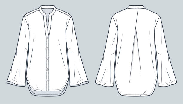 Tunic Shirt technical fashion Illustration. Bell Sleeve Tunic fashion flat technical drawing template, button down,v neck, relaxed fit, front and back view, white, women, men, unisex CAD mockup. Tunic Shirt technical fashion Illustration. Bell Sleeve Tunic fashion flat technical drawing template, button down,v neck, relaxed fit, front and back view, white, women, men, unisex CAD mockup. bell sleeve stock illustrations