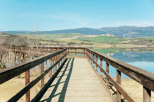 A pedestrian bridge made of wood in a lake area