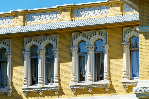 Fragment of building Main narzan baths in Indo-Saracenic style in Kislovodsk. Building is located on Kurortny Boulevard, central pedestrian street of the resort Kislovodsk city.