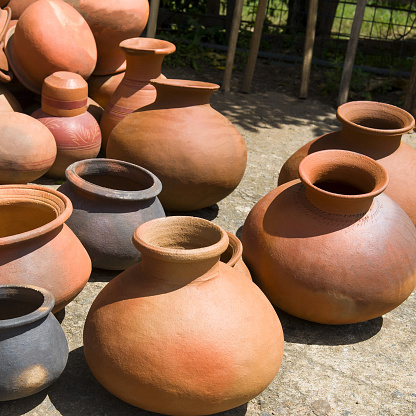 Clay pots at a street market. Sri Lanka
