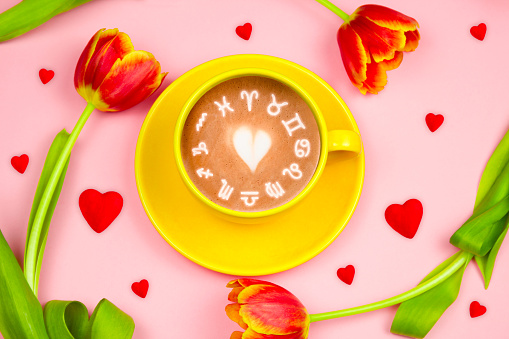 Top view yellow  coffee cup with zodiac signs on pastel pink background.