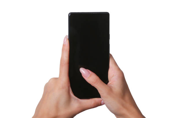 A woman holding a phone with a blank screen against a white background.