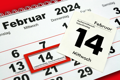 German calendar 2024  February 14  Valentines Day and Ash Wednesday  Week 07