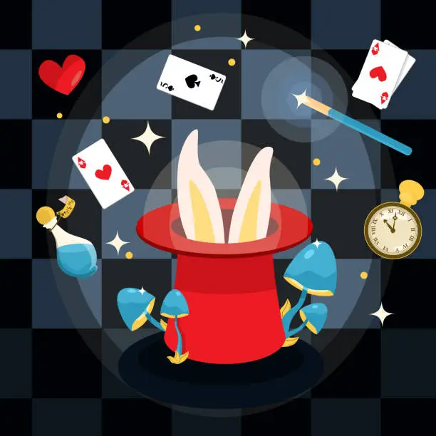 Vector illustration of Magician Hat with Bunny Ears and Flying Cards.