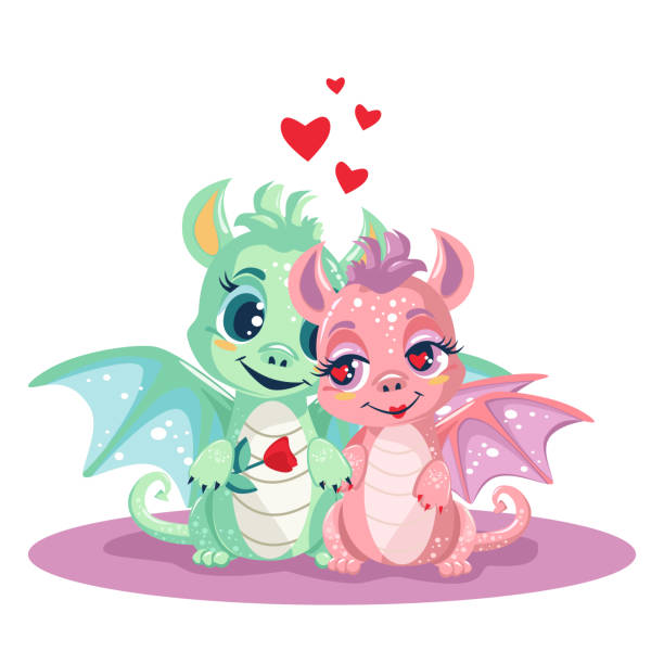 Couple of dragons in love symbol of the year Couple of dragons in love symbol of the year, green dragon takes care of dragon girl, simple simple vector illustration kissing on the mouth stock illustrations