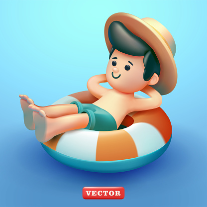 Boy relaxing on a float, 3d vector. Suitable for vacation, summer and design elements