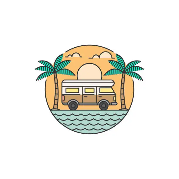 Vector illustration of beach and campervan badge vector illustration. beach and campervan monoline or line art style