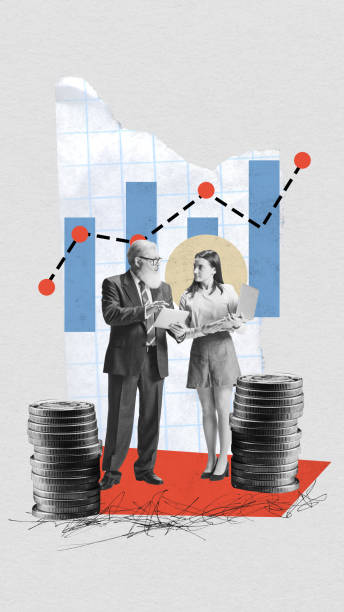 istock Contemporary art collage. Experienced successful businessman communicates and explains his work plan for month to his assistant. 1987820722