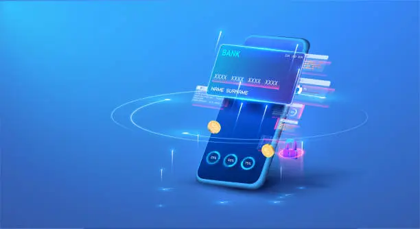 Vector illustration of Futuristic Digital Banking Interface with Credit Cards and Secure Transactions