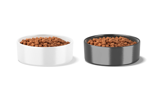 Blank black and white ceramic dog bowl with snack mockup, 3d rendering. Empty full porcelain can with animal feeding mock up, isolated, front view. Clear dry nutrition for domestic pet template.