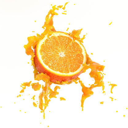 Half ripe orange in juice splash isolated on white background.