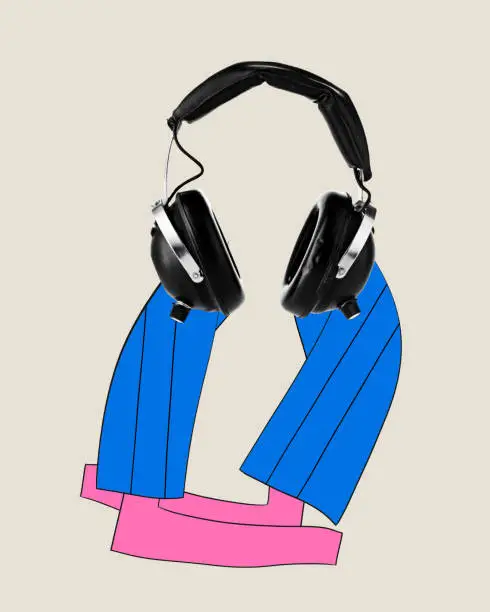 Contemporary art collage. Modern black-silver headphones with long drawn legs in blue trousers and pink shoes against beige background. Concept of generation Z culture, lifestyle, technology progress.