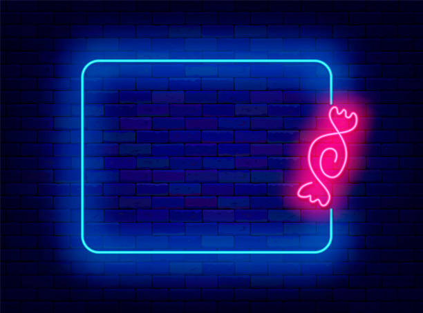 istock Candy shop neon advertising. Continuous one line drawing. Pink candy and empty blue border. Vector stock illustration 1987837985