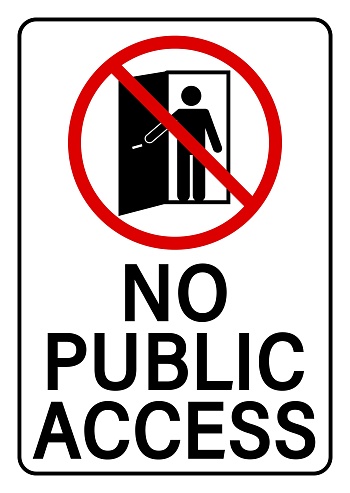 No public access. Ban sign with silhouette of person opening a door and text below.