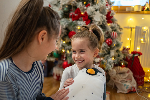 Adorable and excited toddler girl, showing to her older sister her new penguin toy she received as a Christmas gift