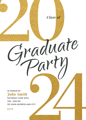 Graduation Class of 2024. Party invitation. Greeting cards with golden glitter. Stock illustration