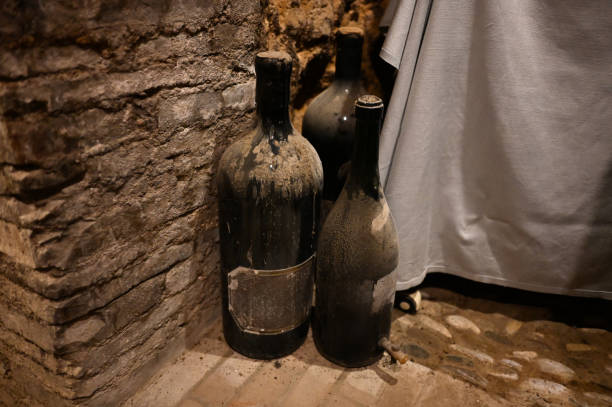 vieilles bouteilles de vin dans une cave avec de la poussière. - dust old cabernet sauvignon grape aging process photos et images de collection