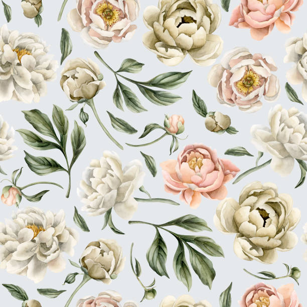 istock Floral watercolor seamless pattern with white beige and peach color peony flowers, buds and green leaves on light blue 1987862296