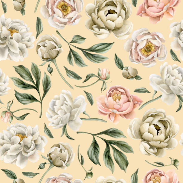 istock Floral watercolor seamless pattern with white beige and peach color peony flowers, buds and green leaves on light pink 1987862297