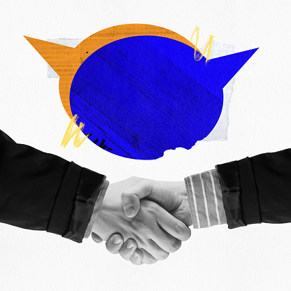 Poster. Modern aesthetic artwork. Two people shaking hands with blue and yellow speech bubbles symbolized greetings. Concept of business, partnership and verbal contract, communication culture. Ad