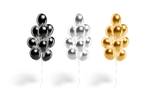 Blank black, gold and silver round balloon bouquet mockup, isolated, 3d rendering. Empty mylar cascaded balloons heap mock up, front view. Clear glossy diy decoration garland template.
