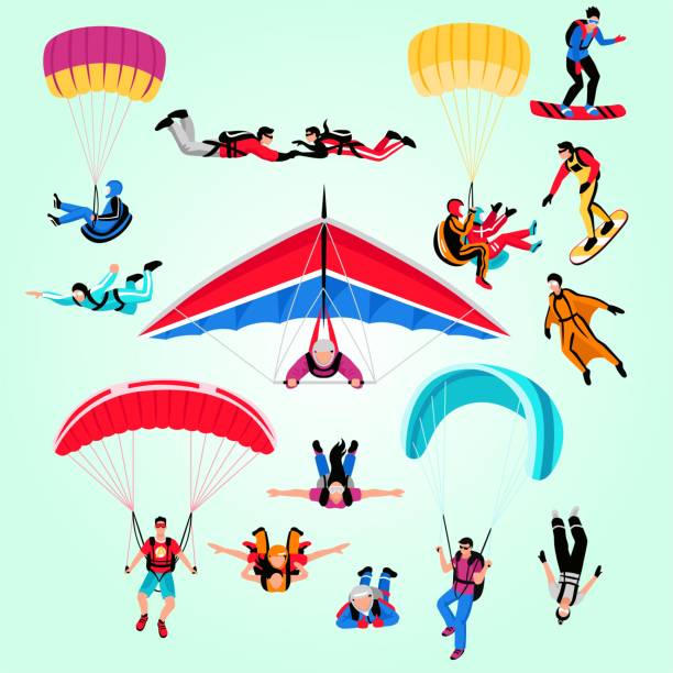 ilustrações de stock, clip art, desenhos animados e ícones de skydiving amd extreme sports set action fly jump air - skydiving tandem parachute parachuting