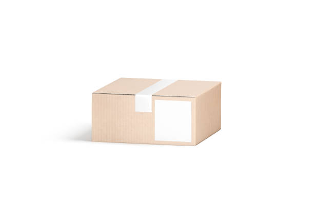 istock Blank white shipping label on craft box mockup, front view 1987882847