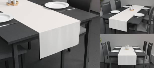 istock Blank white table runner and dishes mockup, interior background 1987890874