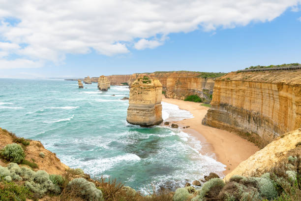 Helicopter aerial view of Twelve Apostles along Great Ocean Road during a storm - Port Campbell, Australia.