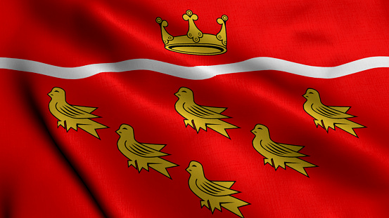 East Sussex City Flag. Waving Fabric Satin Texture Flag of East Sussex 3D Illustration. Real Texture Flag of the East Sussex United Kingdom Banner Collection. High Detailed Flag Animation England, UK