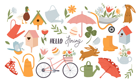 Big set with Spring season symbols and objects, cute hand drawn design. Isolated vector illustrations in flat style