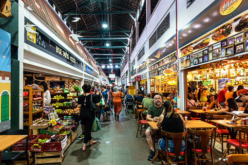 Florianopolis, Brazil - Dec 29, 2023: Popular market in downtown of Florianopolis called Mercado Publico de Florianopolis. Touristic Place.
