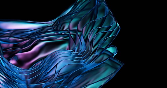 The writhing waves of translucent blue glass elegantly swirl and twist against the striking contrast of the deep black background, creating a mesmerizing and dynamic visual display.