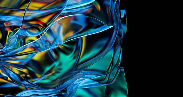 istock Twisting blue glass waves set against a dark background. 1987935118