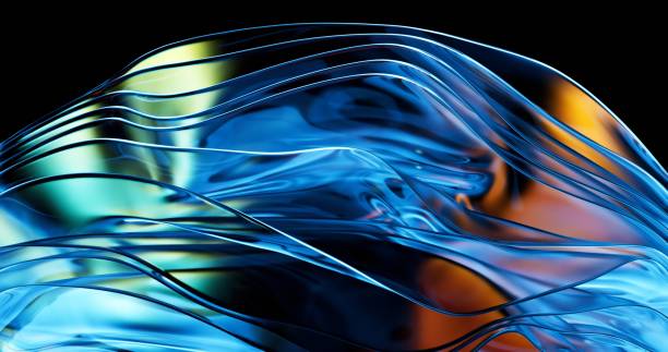 With a mesmerizing display, the translucent blue glass waves elegantly twist and twirl against the deep black backdrop, creating a captivating and lively visual experience.