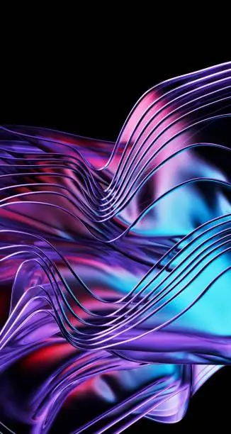 Gracefully swirling and twisting, translucent violet glass waves animate the deep black background, offering a captivating and dynamic visual exhibition.
