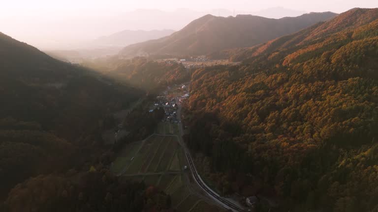 Aerial view of Autumn scene in Takayama village in Nagano, Japan