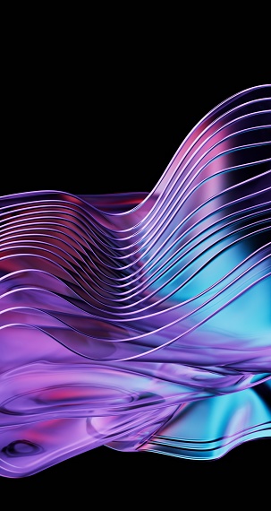 Mesmerizing and dynamic, translucent violet glass waves elegantly swirl and twist against the deep black background, creating a captivating visual exhibition.