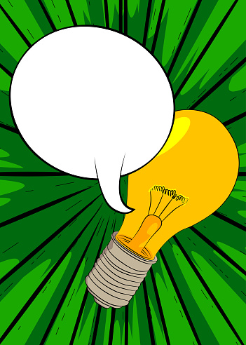 Cartoon Light Bulb with blank speech bubble, comic book Ideas background. Retro vector comics pop art design.