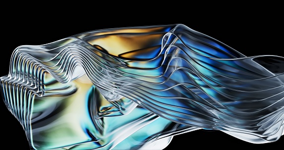 Swirling and twisting with elegance, translucent light blue glass waves come to life against the deep black background in a mesmerizing visual display.