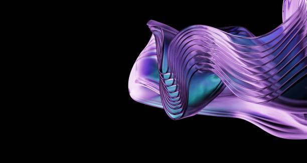 Elegantly swirling and twisting, translucent violet glass waves come alive against the deep black background, offering a mesmerizing and dynamic visual display.