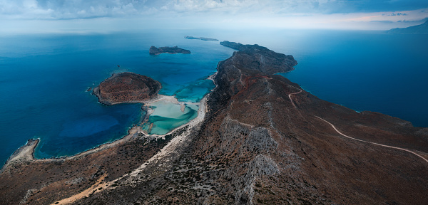 Aerial view on amazing Balos lagoon in Crete, Greece. Panoramic view.