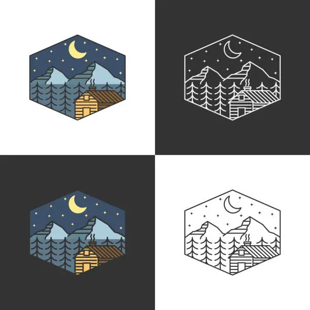 Vector illustration of Mountain night and cottage badge vector illustration with monoline or line art style