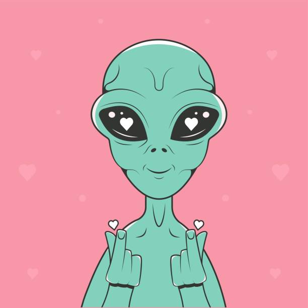 istock Cute alien makes finger mini heart gesture. Poster for Valentine's day. Retro style. 1987952331