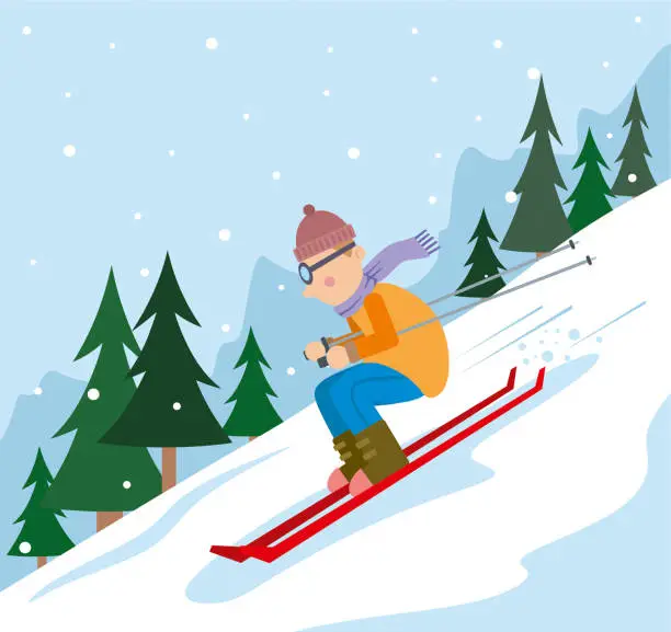Vector illustration of cartoon man skiing in winter