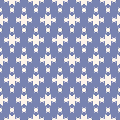 Vector blue geometric seamless pattern with star shapes, magic sparkles. Abstract ornamental texture. Delicate baby background. Decorative design for babies, girls and boys, fabric, textile, linens