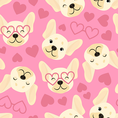 Pink seamless pattern of French bulldog heads with hearts