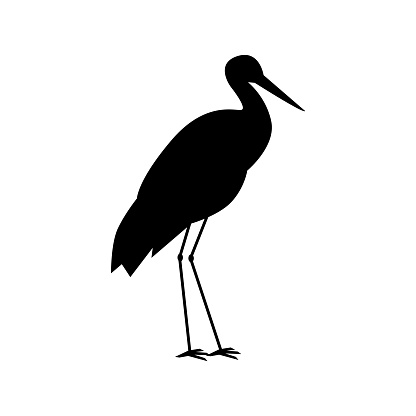 Stork silhouette, vector illustration isolated on white background. Black spot in the shape of a large bird, heron stands with its wings folded, drawing in a simple flat style. One single figure