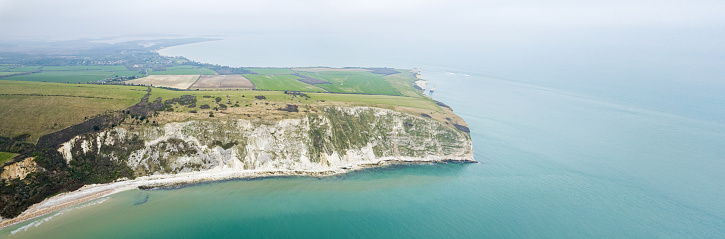 beautiful aerial view of the Old Harry Rocks Jurassic Coast, Swanage, coastal town on Dorset England, winter